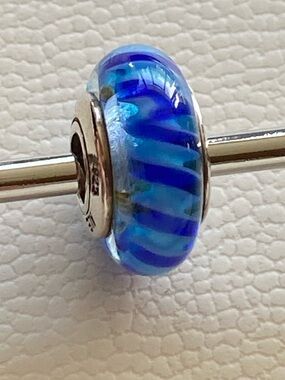 Authentic Pandora Silver Blue Stripe Murano Charm “B” ~ Retired
